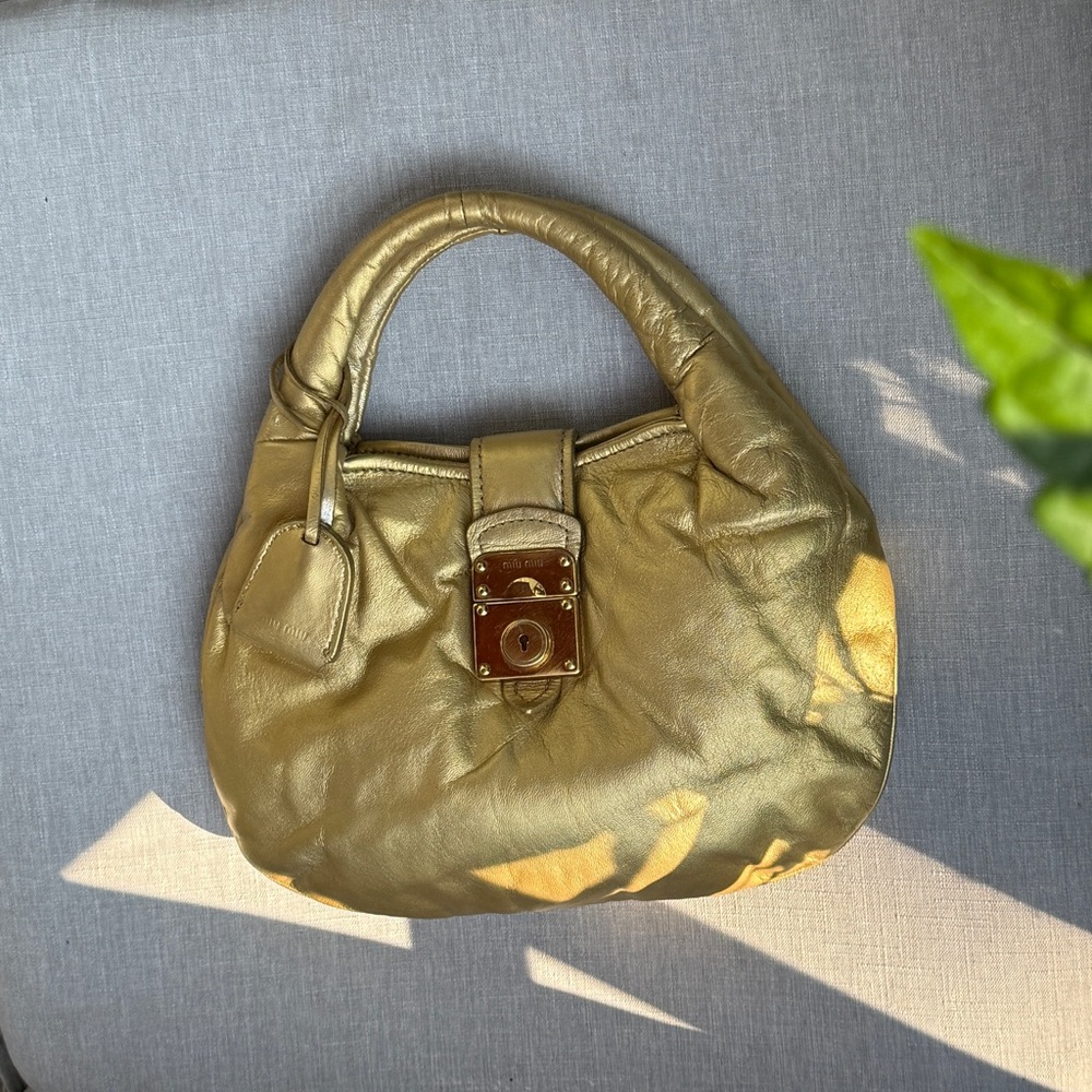 Auth MUI MUI Elegant Gold Y2K mini hobo leather Women's Handbag RARE vintage - Picture 4 of 14
